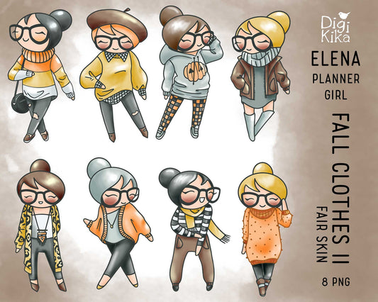 Fair Skin Fall Outfit Clipart - Elena Planner Girl SET 2 -  Autumn Outfit Digital Stamp - Character Planner Sticker, planner clipart