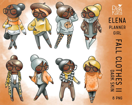 Brown Skin Fall Outfit Clipart - Elena Planner Girl SET 2 -  Autumn Digital Stamp - Character Planner Sticker, scrapbook, planner clipart