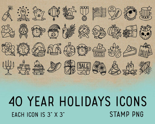 40 USA Holidays Icons Clip Art - Stamp PNG Icons - Instant Download