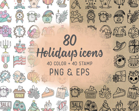 80 Doodle USA Holidays Icons Bundle - Color & Stamp EPS & PNG Celebrations Clipart