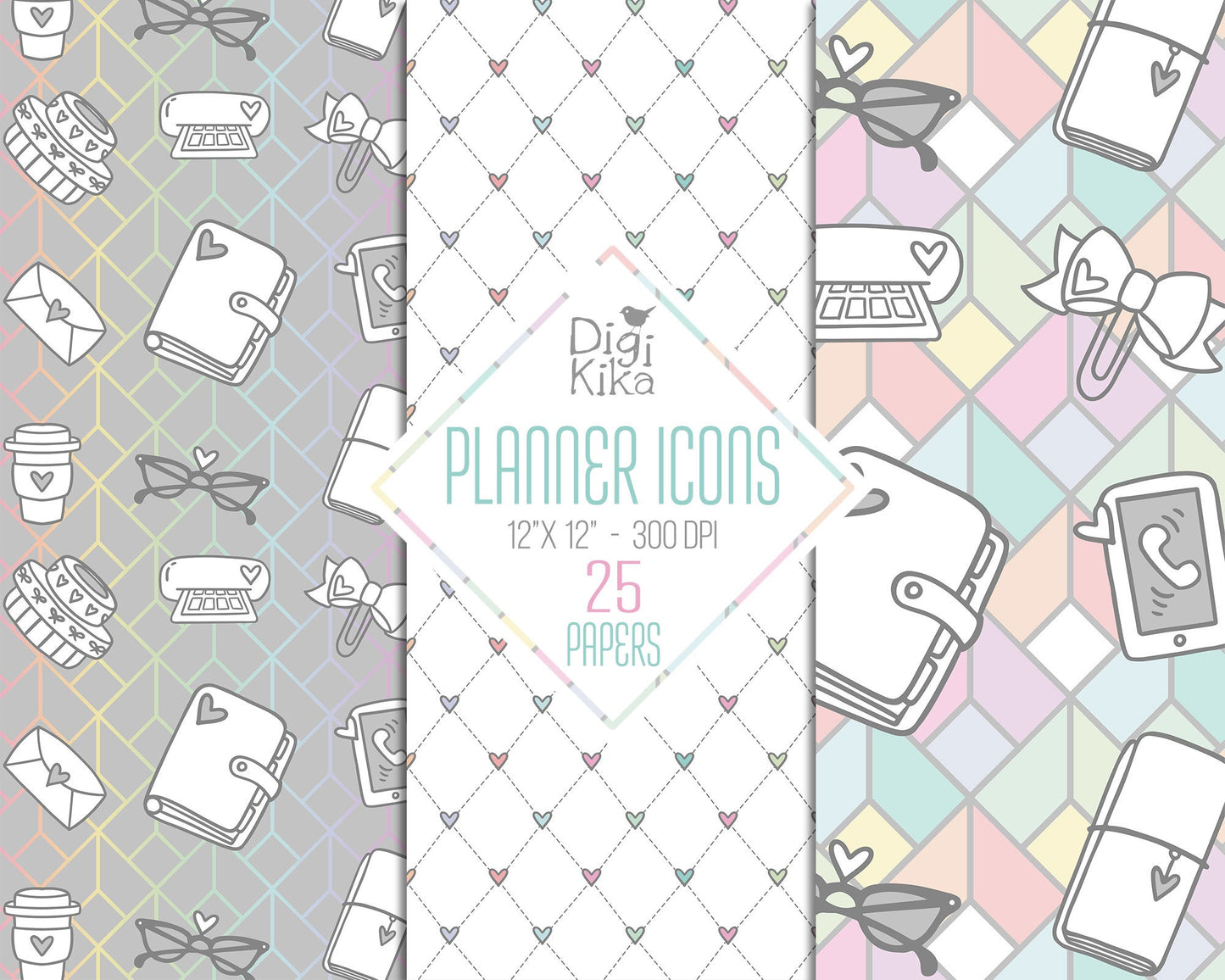 25 Planner Accessories Digital Papers – Planning Time Scrapbook Backgrounds for Cards, Invitations & Crafts – Instant Download