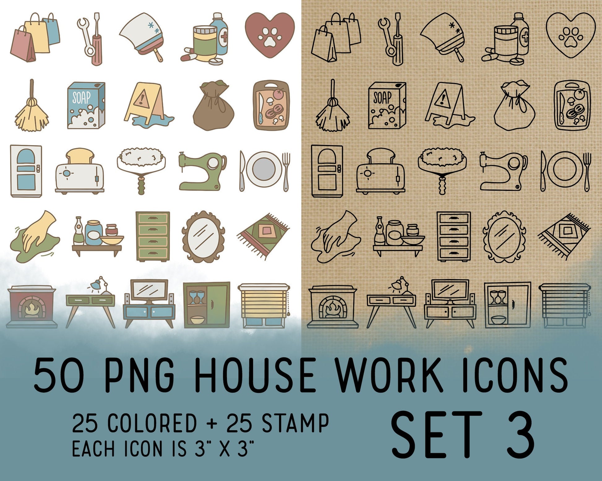 A collection of 50 housework icons in PNG format, divided into 25 colored and 25 stamp images, with each icon sized at 3 inches by 3 inches.