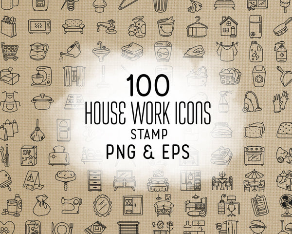 100 Housework Icons – Doodle Stamp Clipart Set – Cleaning, Organizing & Chores – PNG, SVG, EPS & DXF