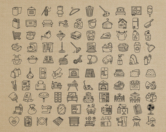 100 Housework Icons – Doodle Stamp Clipart Set – Cleaning, Organizing & Chores – PNG, SVG, EPS & DXF