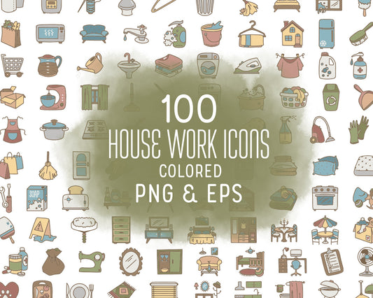 100 Housework Color Icons Bundle - Icons Clipart - Cleaning digital sticker - Chores Icons, planner, scrapbook, craft, planner clipart