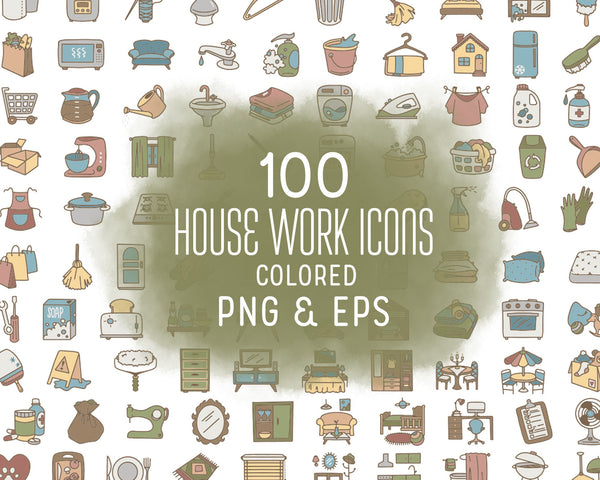 Pacote com 100 ícones coloridos de Tarefas Domésticas Clipart - Adesivo Digital de Limpeza 
