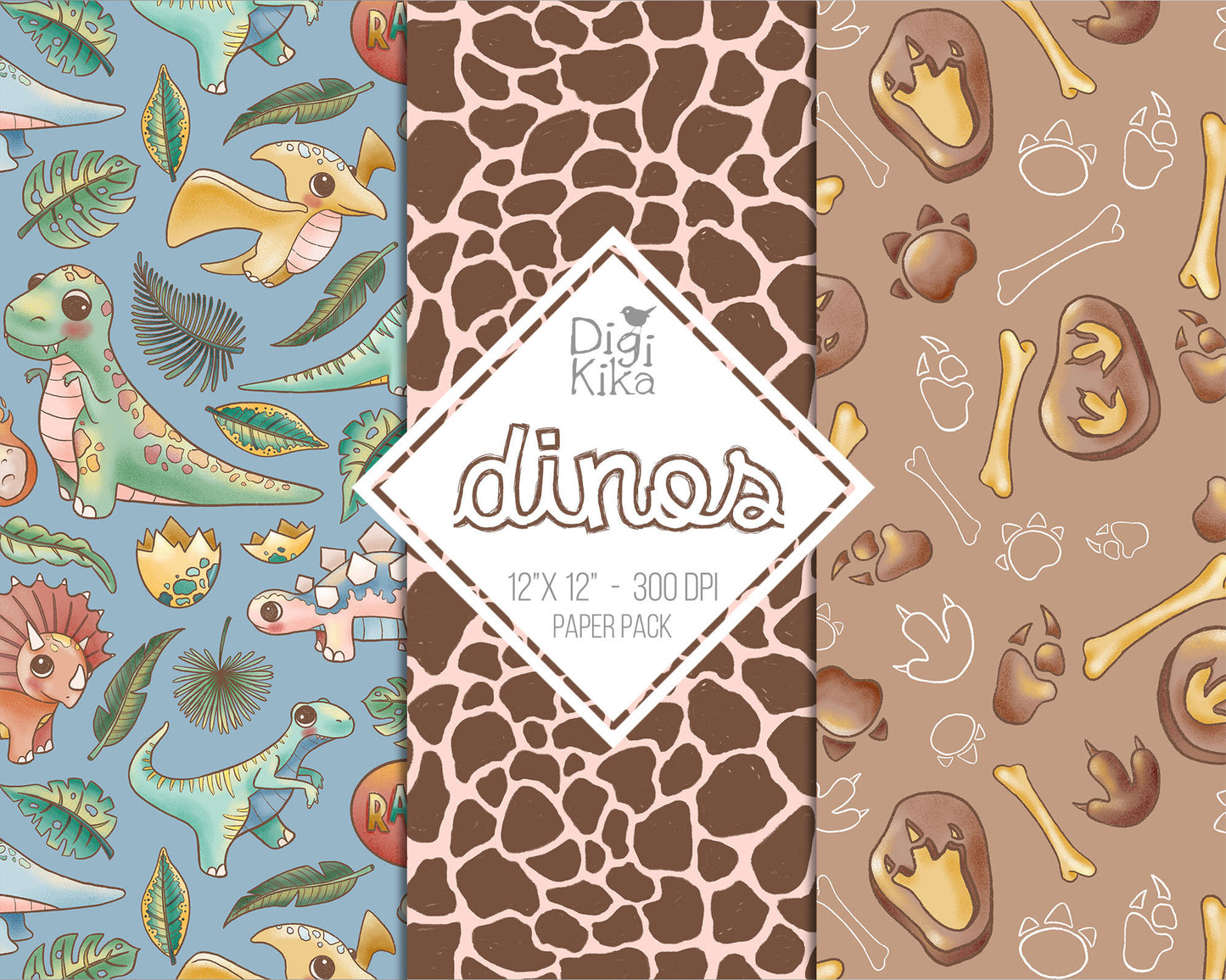 30 Papéis Digitais de Dinossauros – fundos fofos de scrapbook de dinossauros para cartões, convites, adesivos e artesanato – download instantâneo