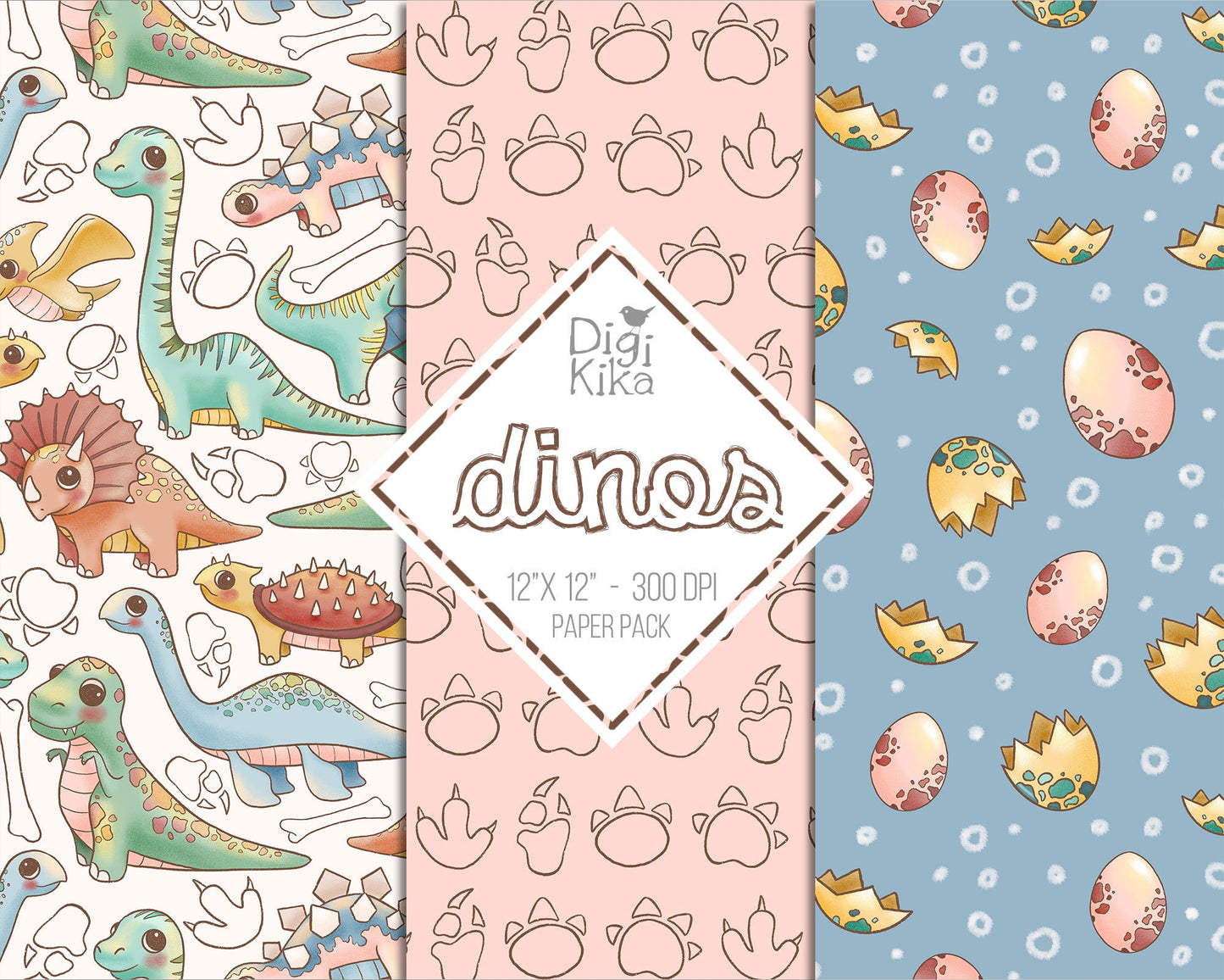 30 Papéis Digitais de Dinossauros – fundos fofos de scrapbook de dinossauros para cartões, convites, adesivos e artesanato – download instantâneo