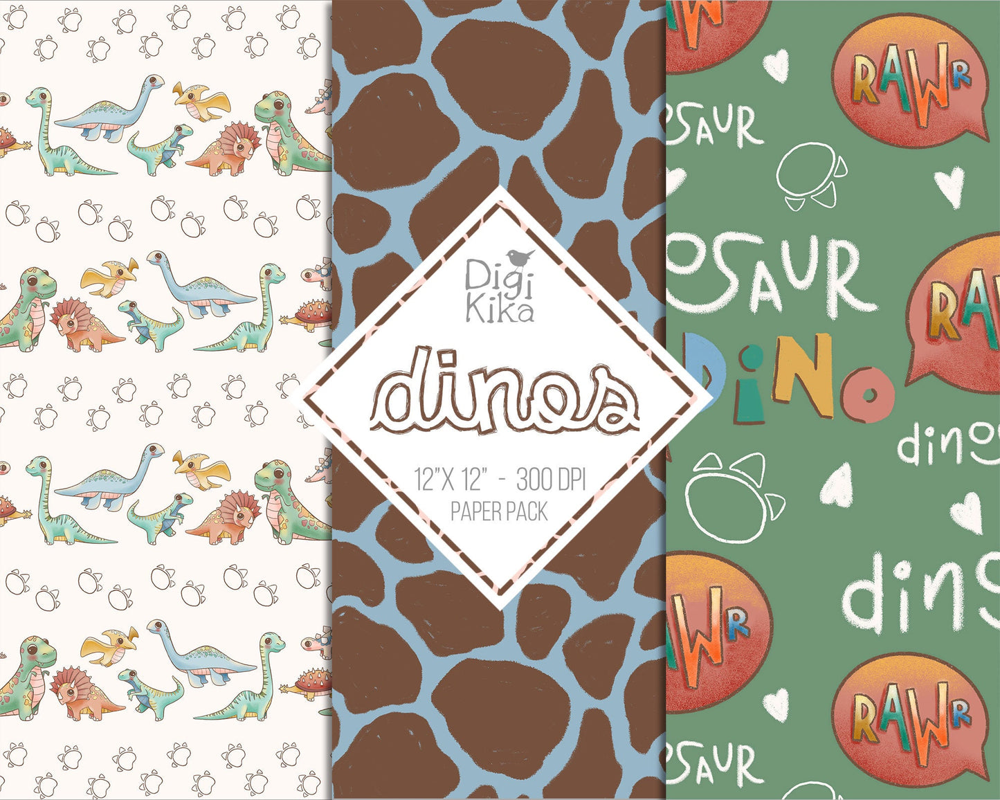 30 Papéis Digitais de Dinossauros – fundos fofos de scrapbook de dinossauros para cartões, convites, adesivos e artesanato – download instantâneo