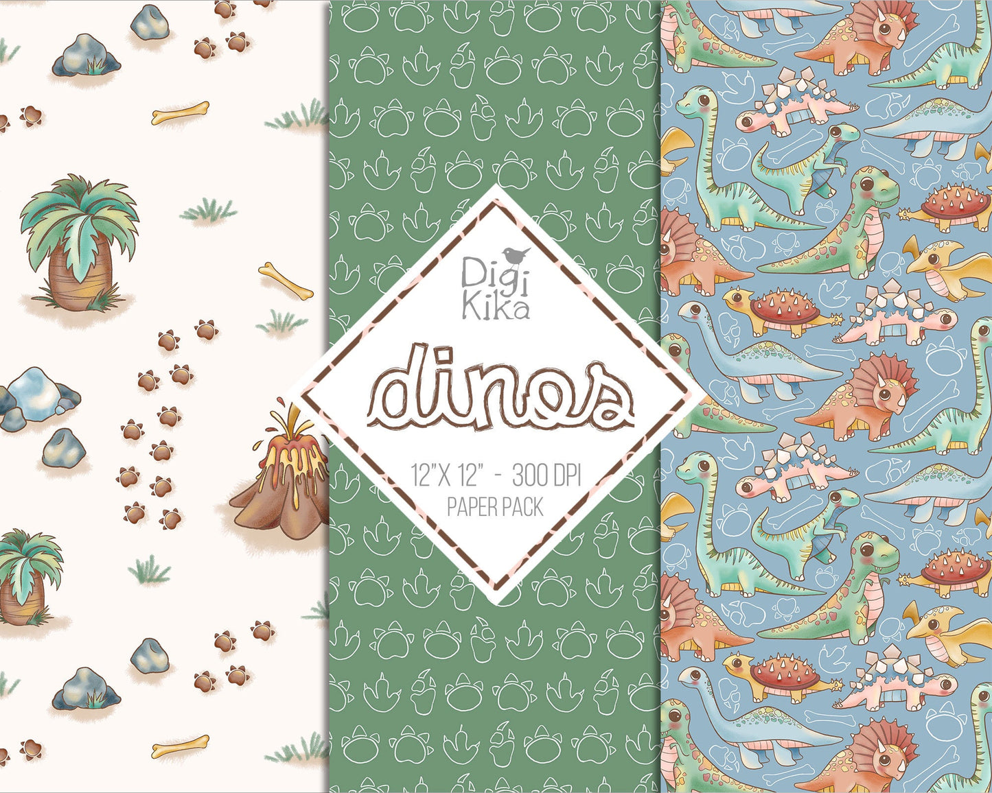 30 Papéis Digitais de Dinossauros – fundos fofos de scrapbook de dinossauros para cartões, convites, adesivos e artesanato – download instantâneo