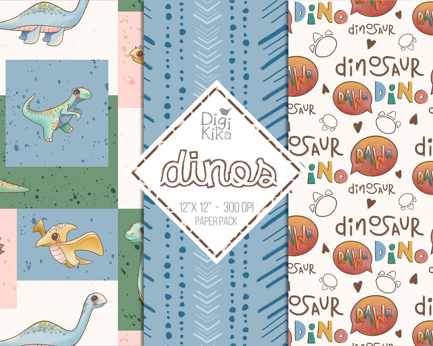 30 Papéis Digitais de Dinossauros – fundos fofos de scrapbook de dinossauros para cartões, convites, adesivos e artesanato – download instantâneo