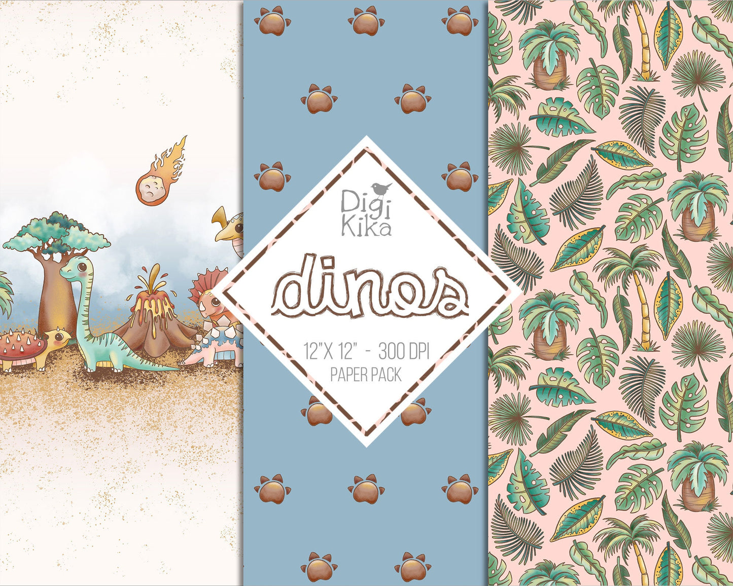 30 Papéis Digitais de Dinossauros – fundos fofos de scrapbook de dinossauros para cartões, convites, adesivos e artesanato – download instantâneo