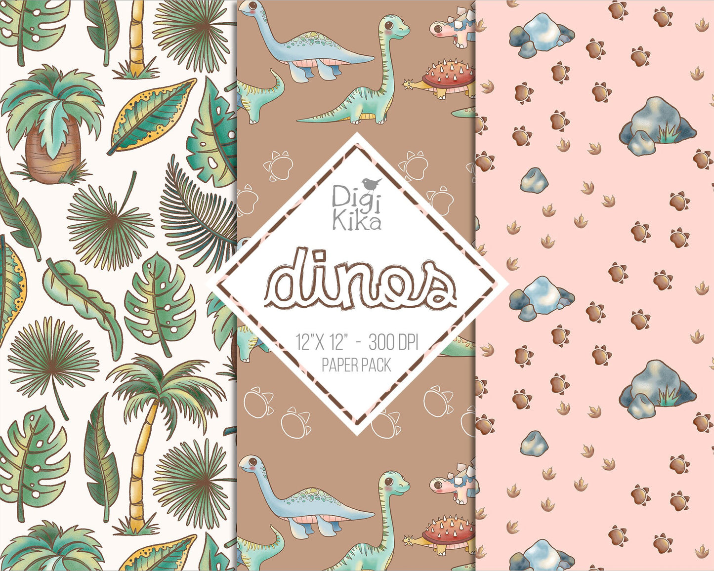 30 Papéis Digitais de Dinossauros – fundos fofos de scrapbook de dinossauros para cartões, convites, adesivos e artesanato – download instantâneo