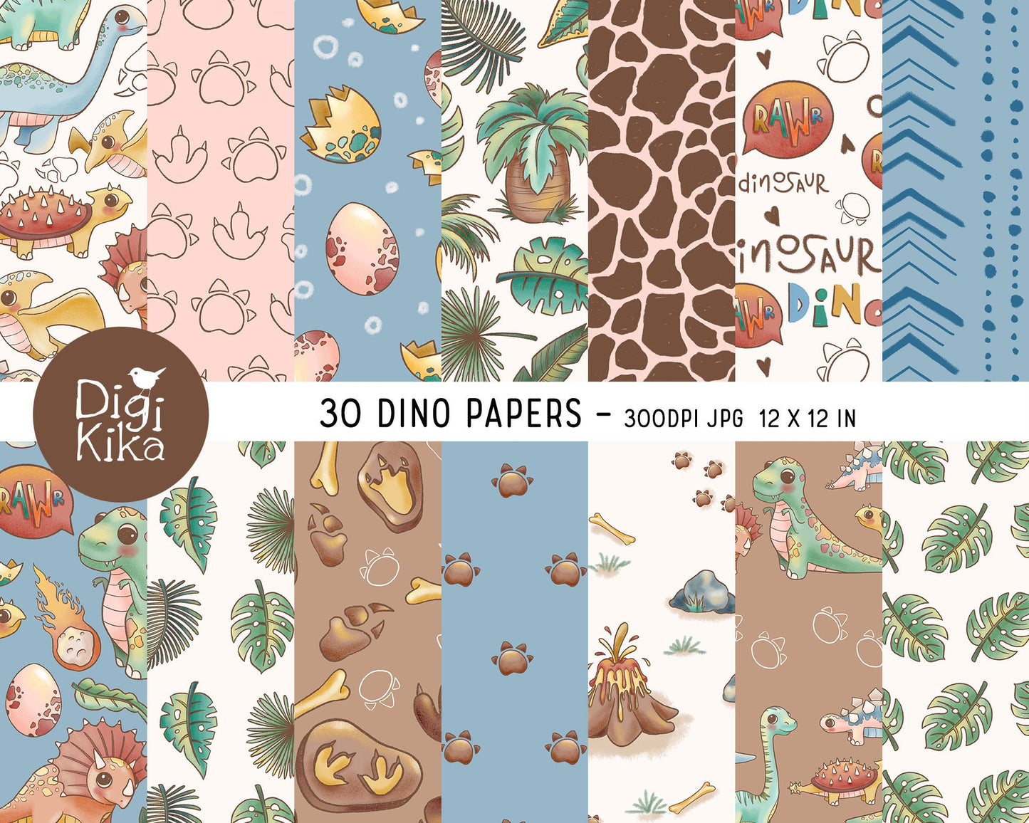 30 Papéis Digitais de Dinossauros – fundos fofos de scrapbook de dinossauros para cartões, convites, adesivos e artesanato – download instantâneo