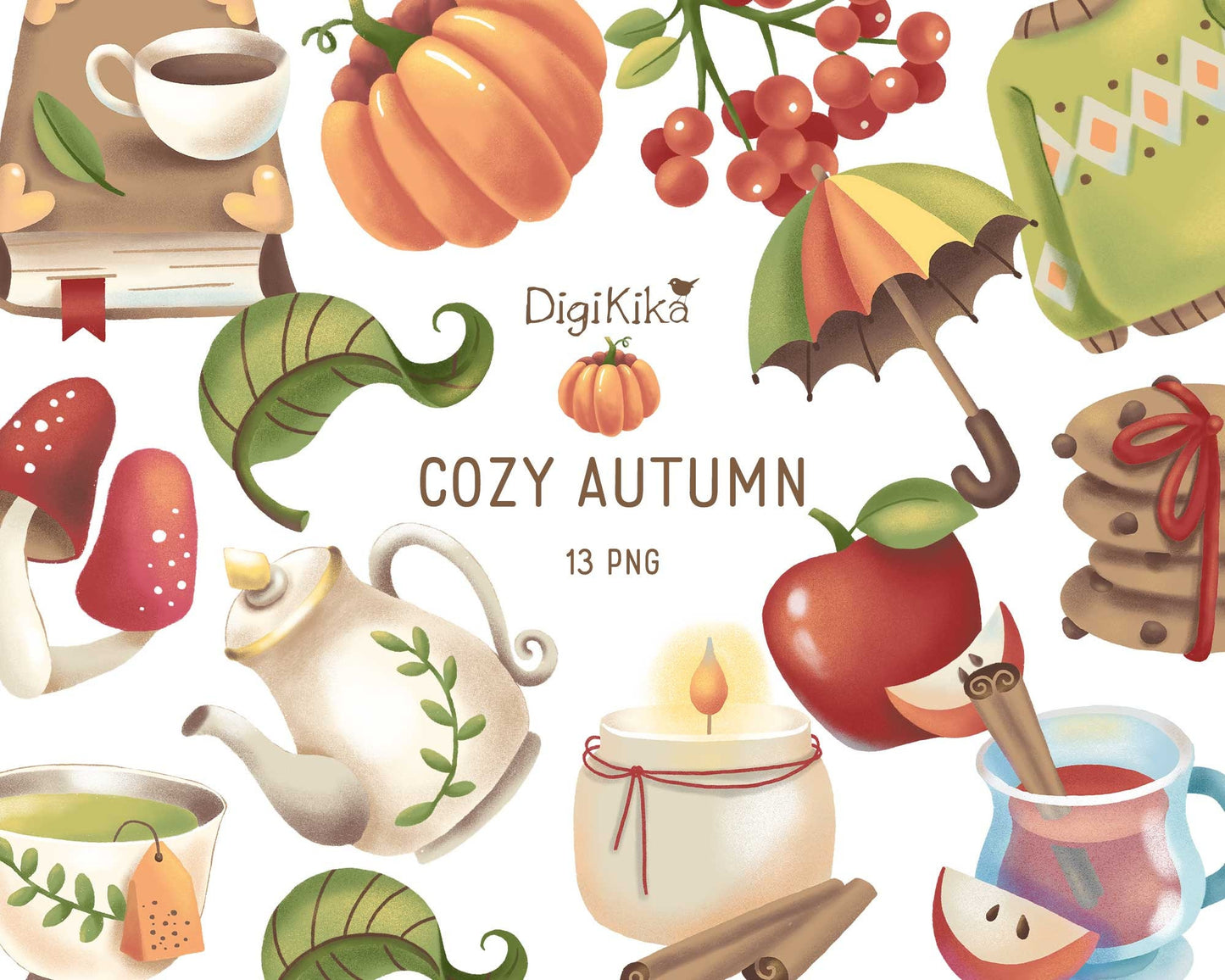 Cozy Autumn Watercolor Clipart – Hand Painted Fall Graphics – Stickers & Crafts