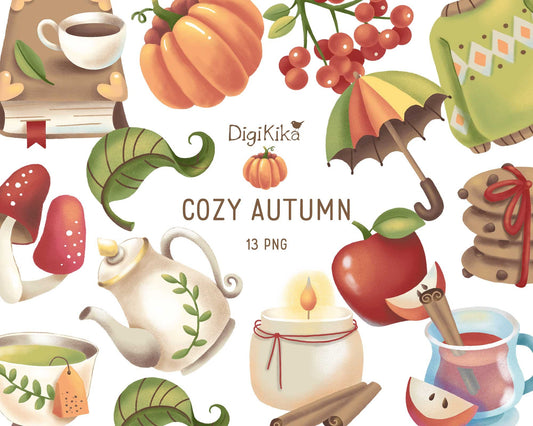 Cozy Autumn Watercolor Clipart – Hand Painted Fall Graphics – Stickers & Crafts