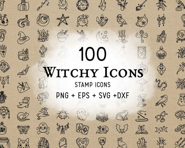 100 Witchy Stamp Icons Bundle – Wicca & Mystic Clipart Collection