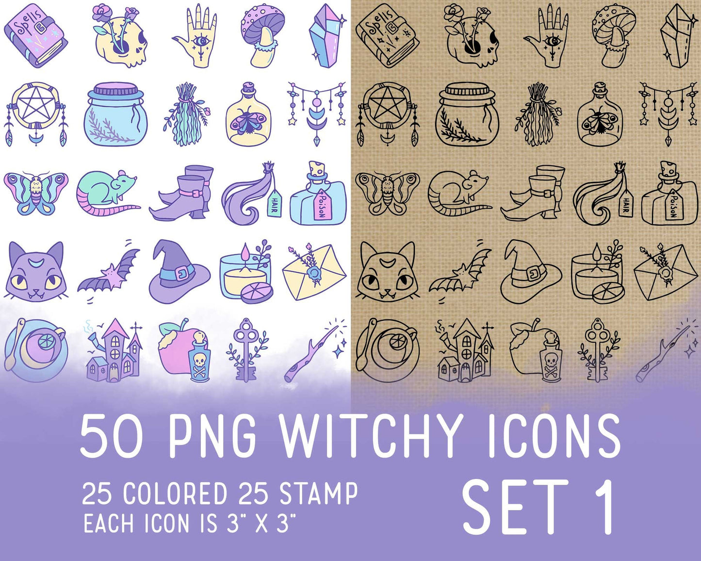 50 Witchy PNG Icons Set 1 – Wicca & Mystic Clipart Collection