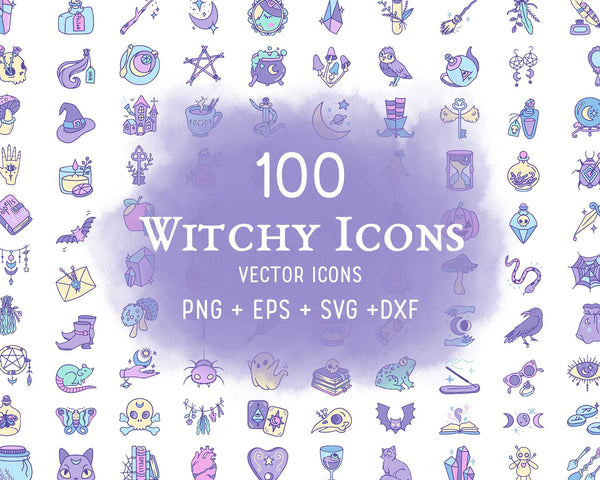 100 Witchy Color Icons Bundle – Wicca & Mystic Clipart Collection