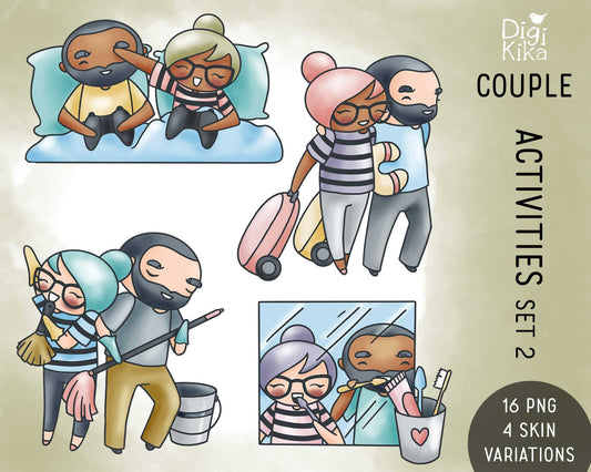 Couple Activities Clipart Set2 - Elena and Oliver 4 Skin variations Graphics - Character Planner Sticker, scrapbook, craft, planner clipart