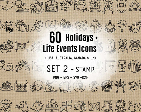 60 Holidays & Life Events Icons STAMP Bundle - EPS, SVG, DXF, PNG Celebrations Clip Art - USA, Aus, Can, UK Digital Icons