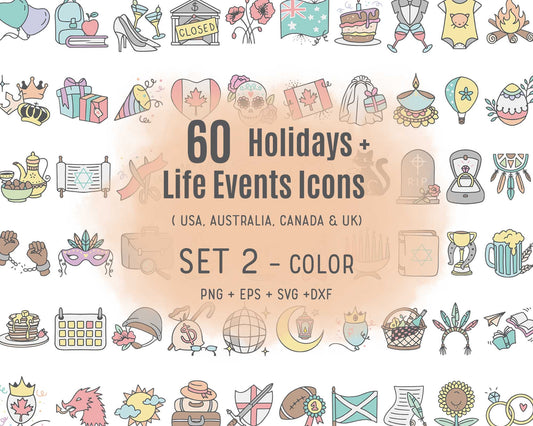 60 Holidays & Life Events Icons COLOR Bundle - EPS, SVG, DXF, PNG Celebrations Clip Art - USA, Aus, Can, UK Digital Icons