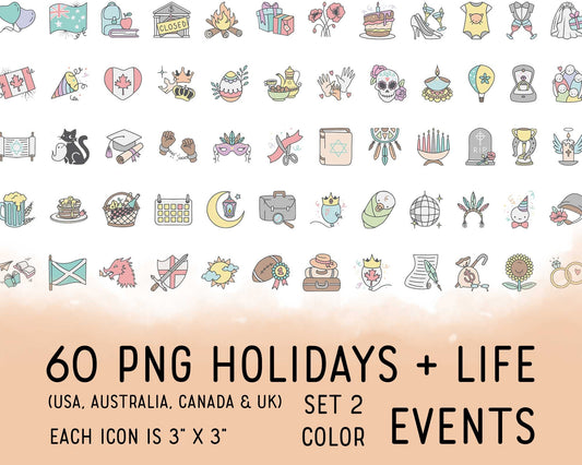 60 Holidays & Life Events COLOR Icons - PNG Clipart set 2 - USA, Aus, Can, UK - Instant Download