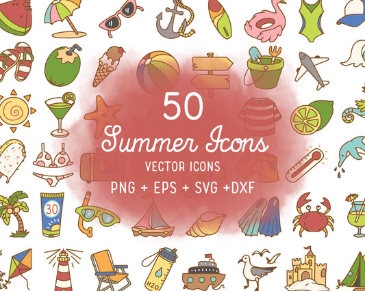 50 Summer Icons COLOR Bundle - EPS, SVG, DXF, PNG Clipart - Instant Download