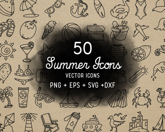 50 Summer Icons STAMP Bundle - EPS, SVG, DXF, PNG Clipart - Instant Download