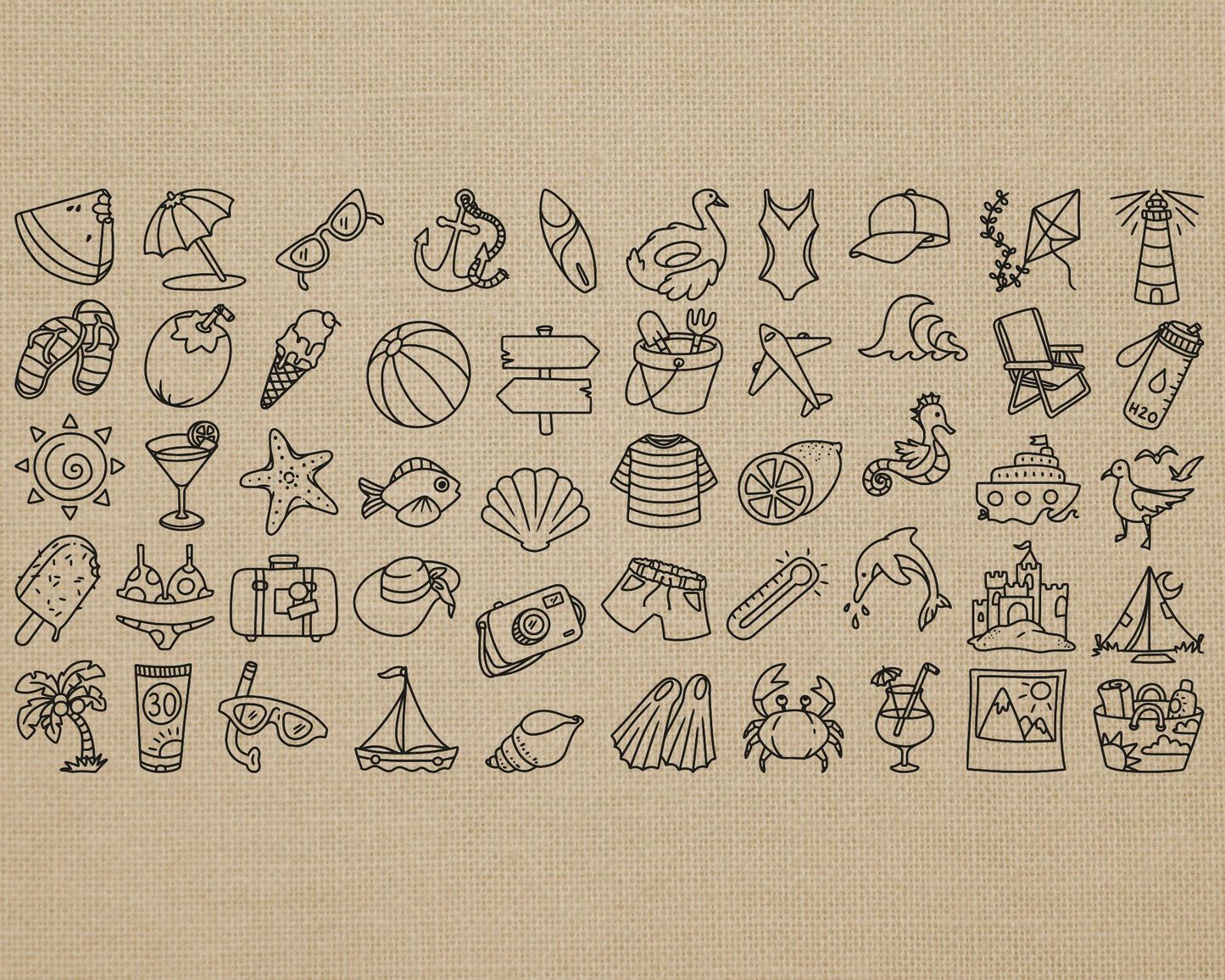 50 Summer Icons STAMP Bundle - EPS, SVG, DXF, PNG Clipart - Instant Download