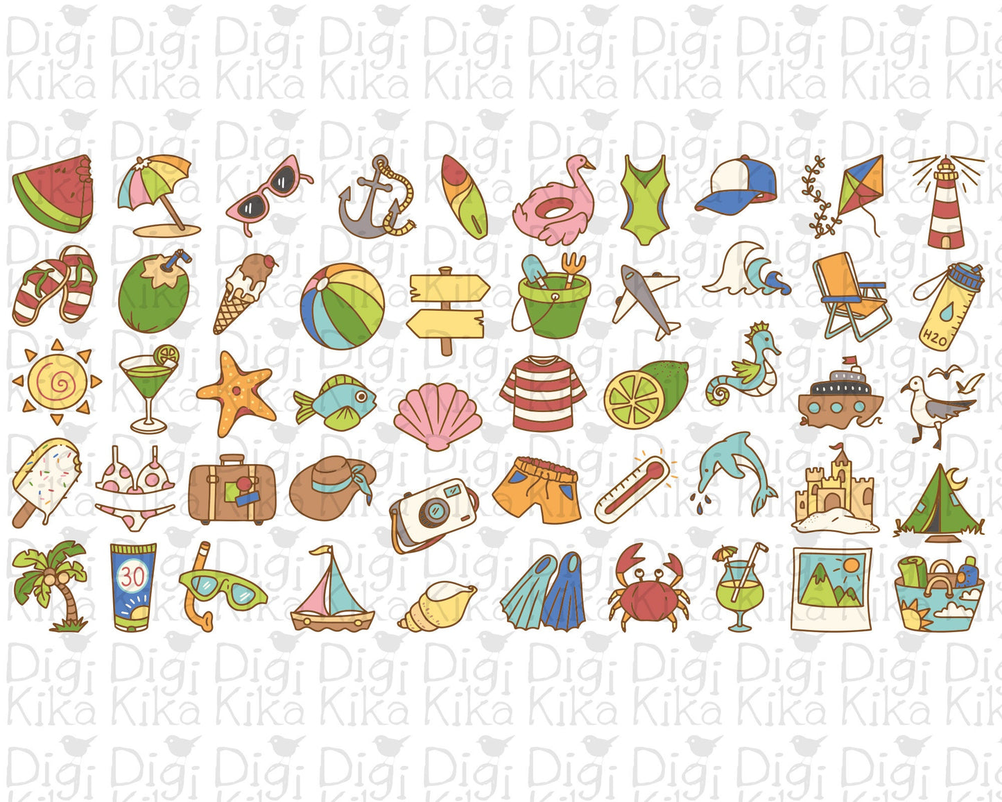 50 Summer Icons COLOR Bundle - EPS, SVG, DXF, PNG Clipart - Instant Download
