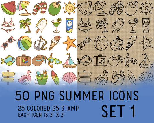 50 Summer Icons PNG Set 1 - Digital Icons Clipart  - Instant Download