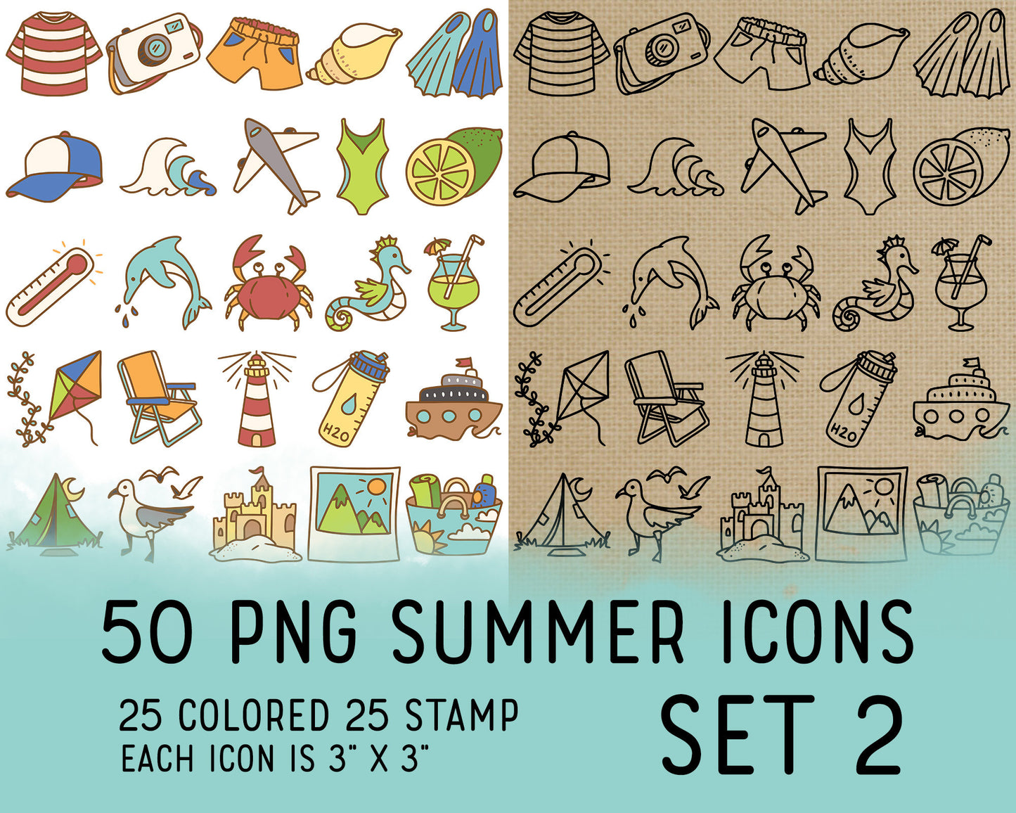 50 Summer Icons PNG Set 2 - Digital Icons Clipart  - Instant Download