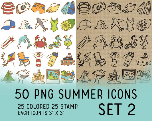50 Summer Icons PNG Set 2 - Digital Icons Clipart  - Instant Download