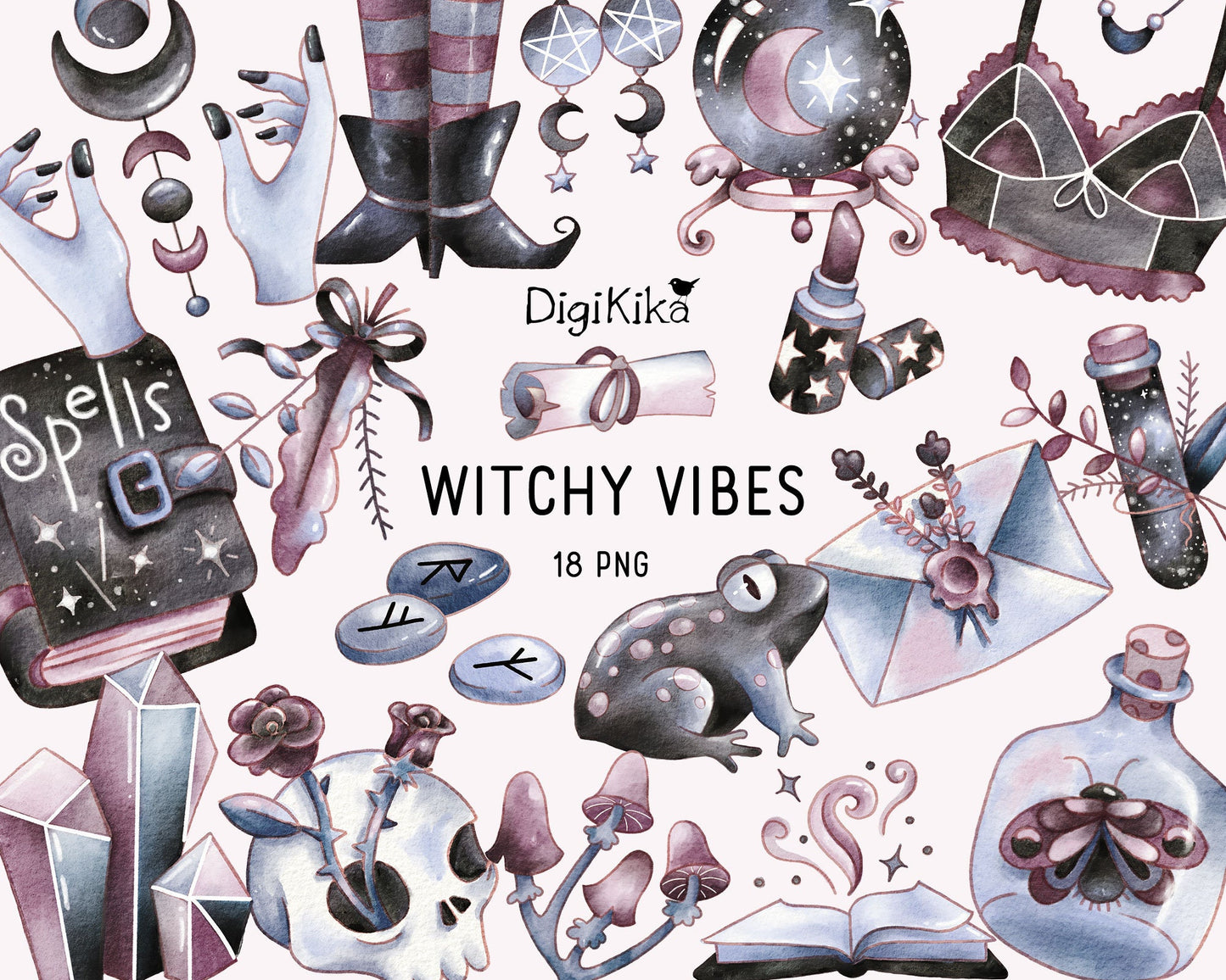 Witchy Vibes Watercolor Clipart | Hand Painted Halloween Art | Spooky Sticker Graphics & Planner Supplies