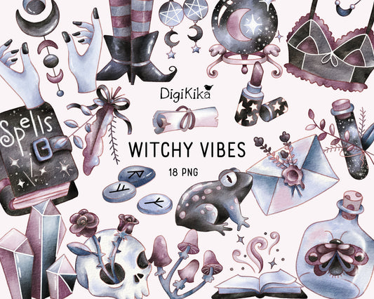 Witchy Vibes Watercolor Clipart | Hand Painted Halloween Art | Spooky Sticker Graphics & Planner Supplies
