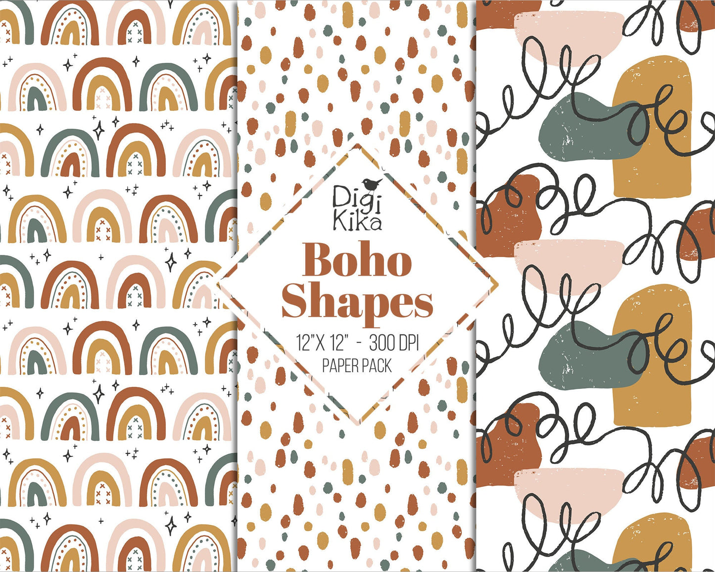Boho Shapes Digital Papers – Modern Terracotta Scrapbook Backgrounds for Cards, Invitations & Crafts – Instant Download