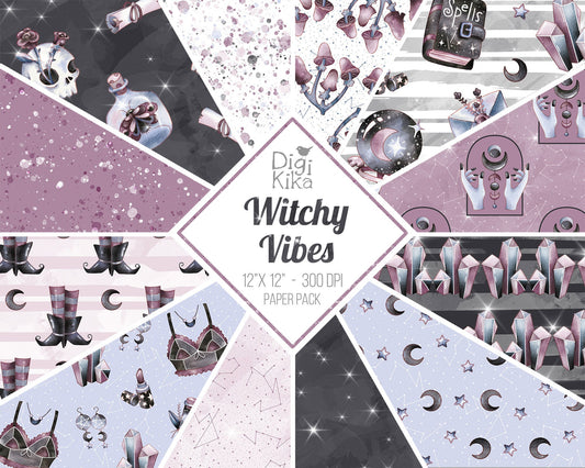 Witchy Vibes Digital Papers | Watercolor Halloween Patterns | Mystical Scrapbook Backgrounds
