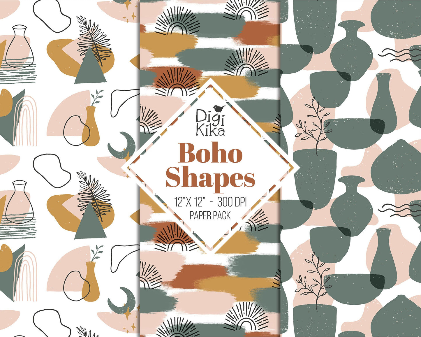 Boho Shapes Digital Papers – Modern Terracotta Scrapbook Backgrounds for Cards, Invitations & Crafts – Instant Download