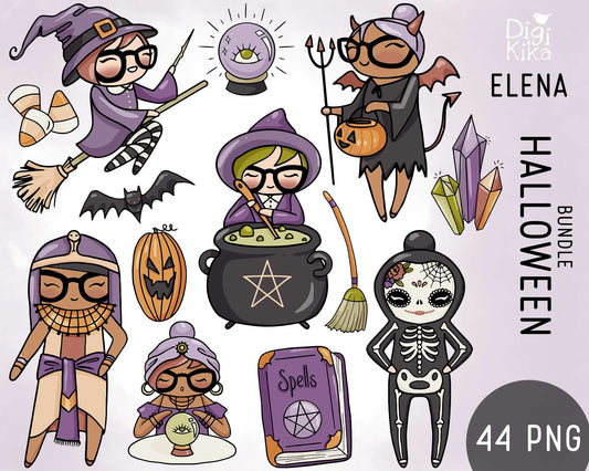 Elena Planner Girl – Halloween Bundle Color Clipart – PNG Character Set for Stickers, Scrapbook & Crafts