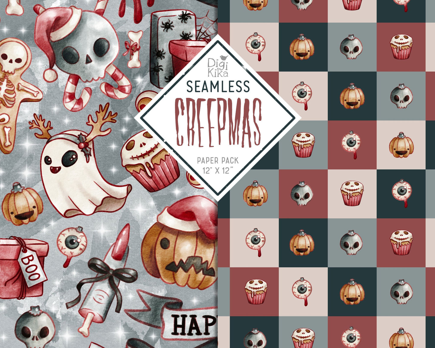 Creepmas Seamless Papers, Christmas Tileable Pattern, Scrapbook, Digital Paper, invitation, background, planner sticker, planner supply