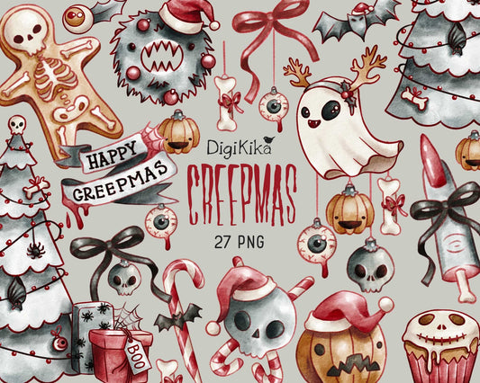 Creepmas Watercolor Clipart, Hand Painted Christmas Clip Art, Stickers Clipart, Sticker Graphics, Hand Draw, Planner Supplies, Crafts
