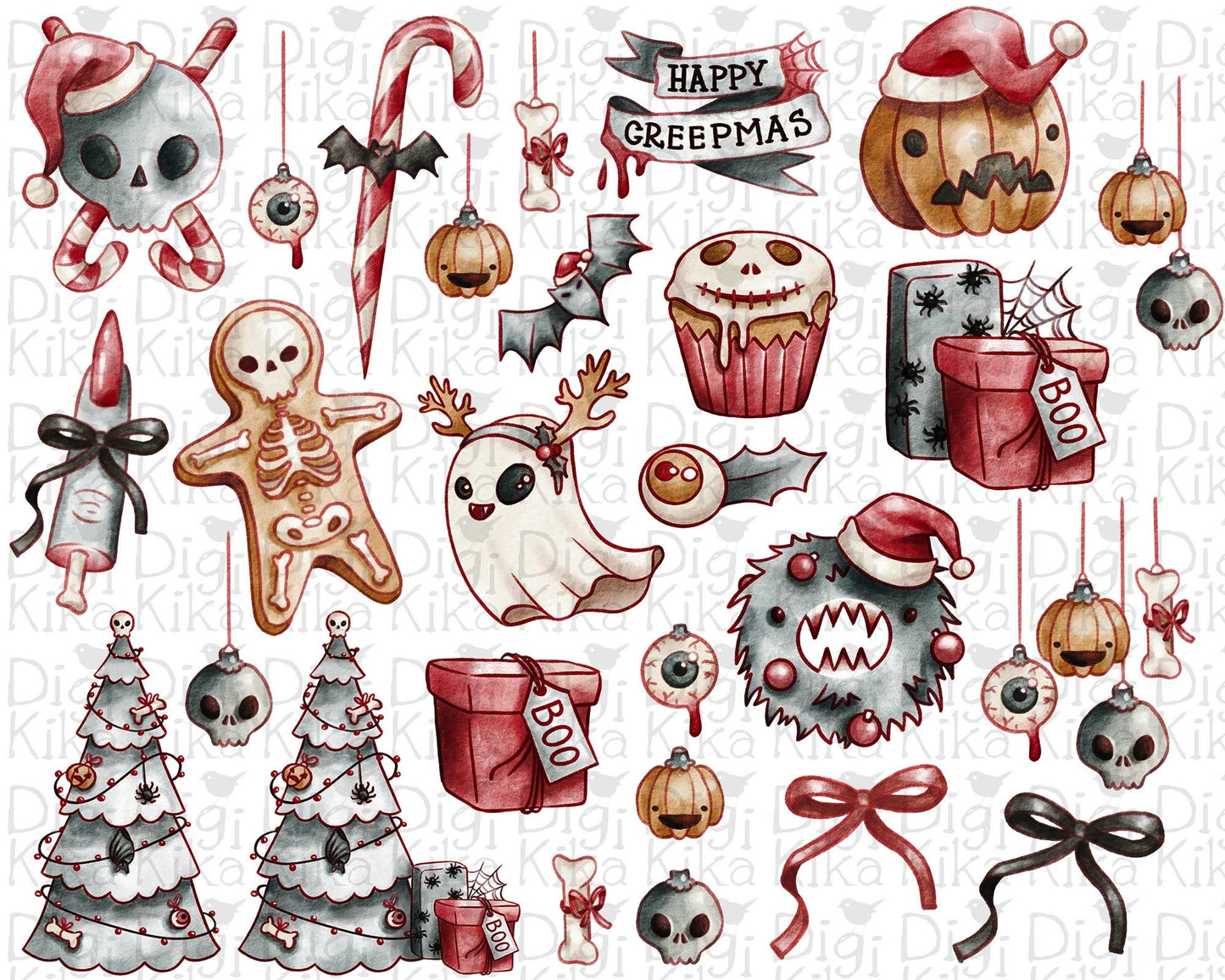 Creepmas Watercolor Clipart, Hand Painted Christmas Clip Art, Stickers Clipart, Sticker Graphics, Hand Draw, Planner Supplies, Crafts