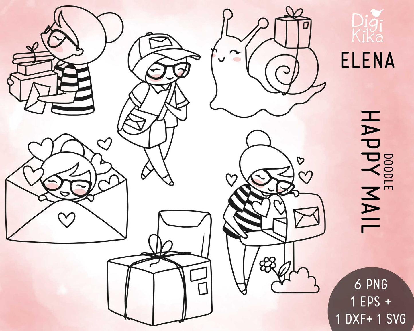 Planner Girl Elena Happy Mail II – DOODLE Clipart – Digital Stamp – Planner Stickers, Scrapbook, Journal, Invitations, Crafts