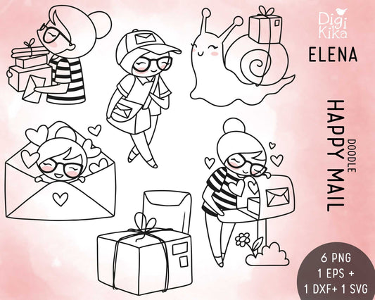 Planner Girl Elena Happy Mail II – DOODLE Clipart – Digital Stamp – Planner Stickers, Scrapbook, Journal, Invitations, Crafts