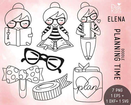 Planning Time Stamp Clipart Set - Elena Planner Girl - EPS, SVG & DXF