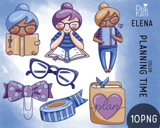 Planning Time Color Clipart Set - Elena Planner Girl - Instant Download PNG