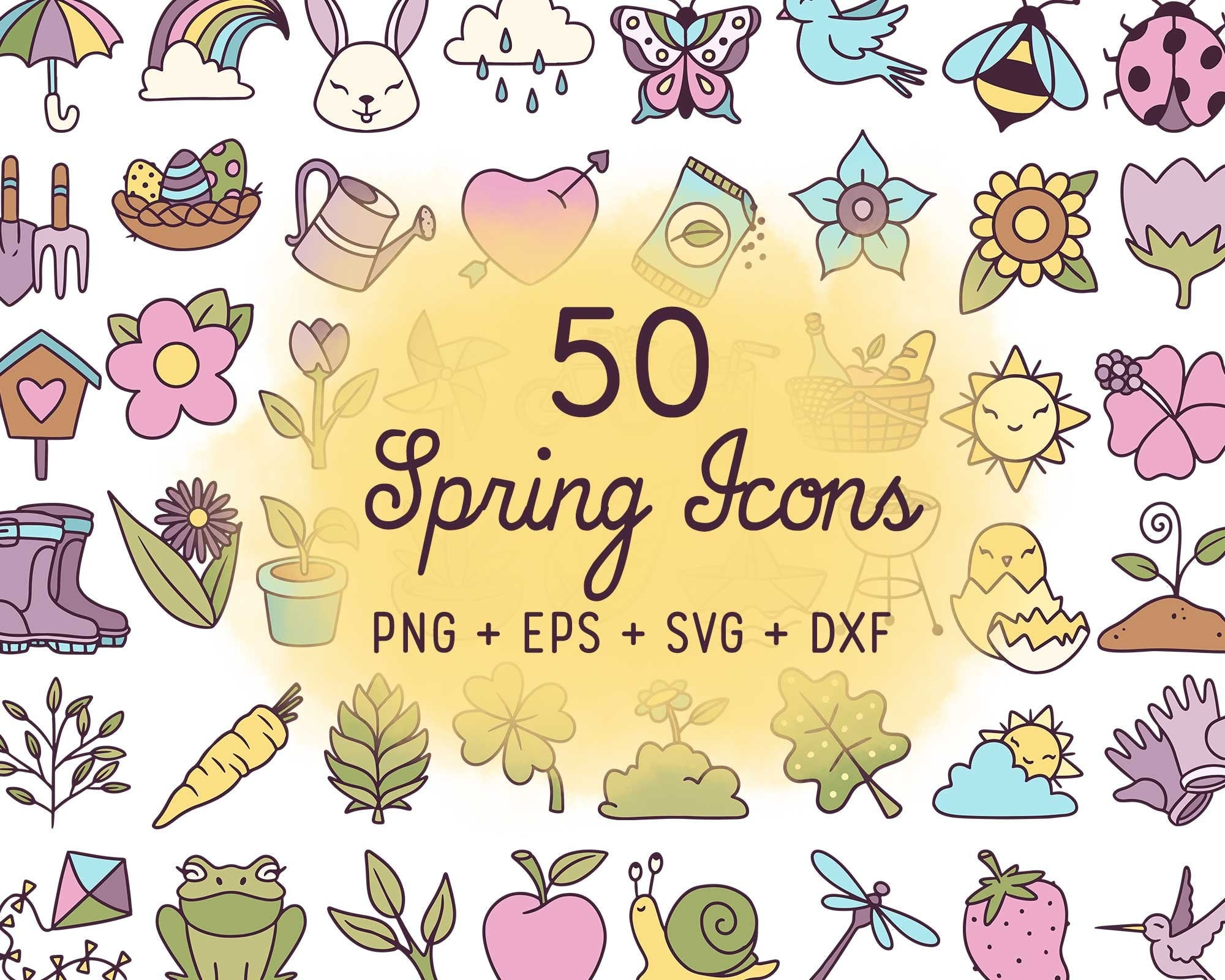 50 Spring Icons COLOR Bundle - EPS, SVG, DXF, PNG Clipart - Instant Do ...