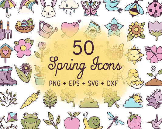 50 Spring Icons COLOR Bundle - EPS, SVG, DXF, PNG Clipart - Instant Download