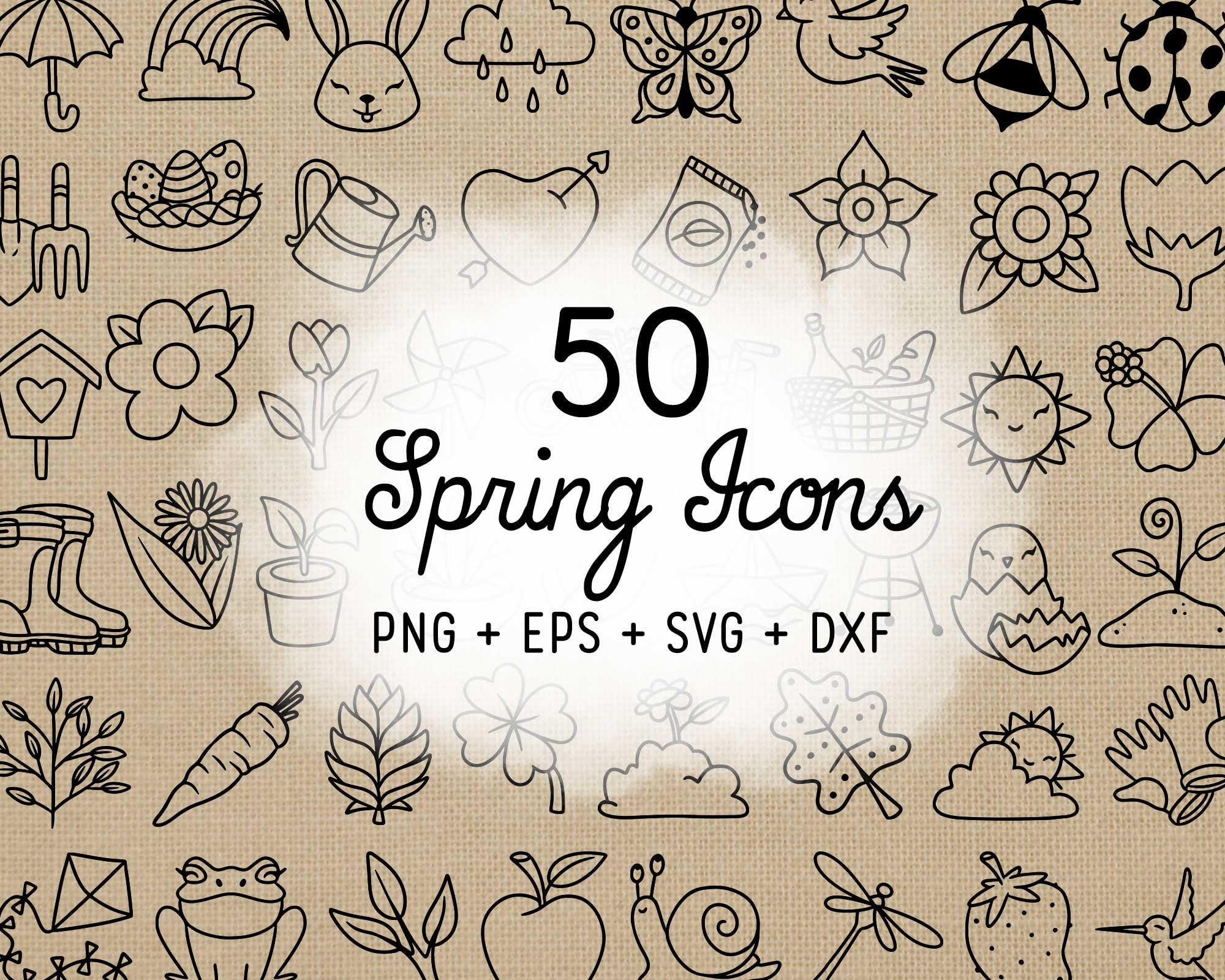 50 Spring Icons STAMP Bundle - EPS, SVG, DXF, PNG Clipart - Instant Do ...
